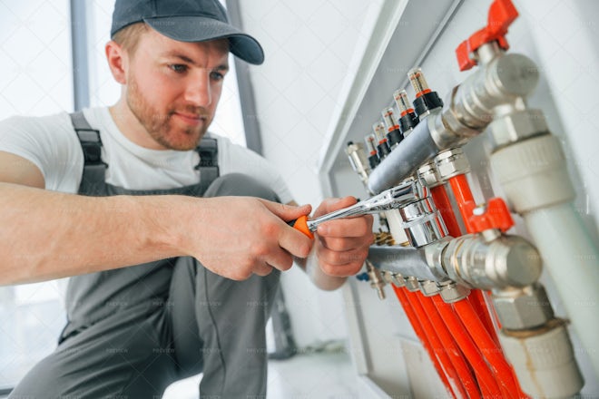 Repairman Working With Pipes - Stock Photos | Motion Array