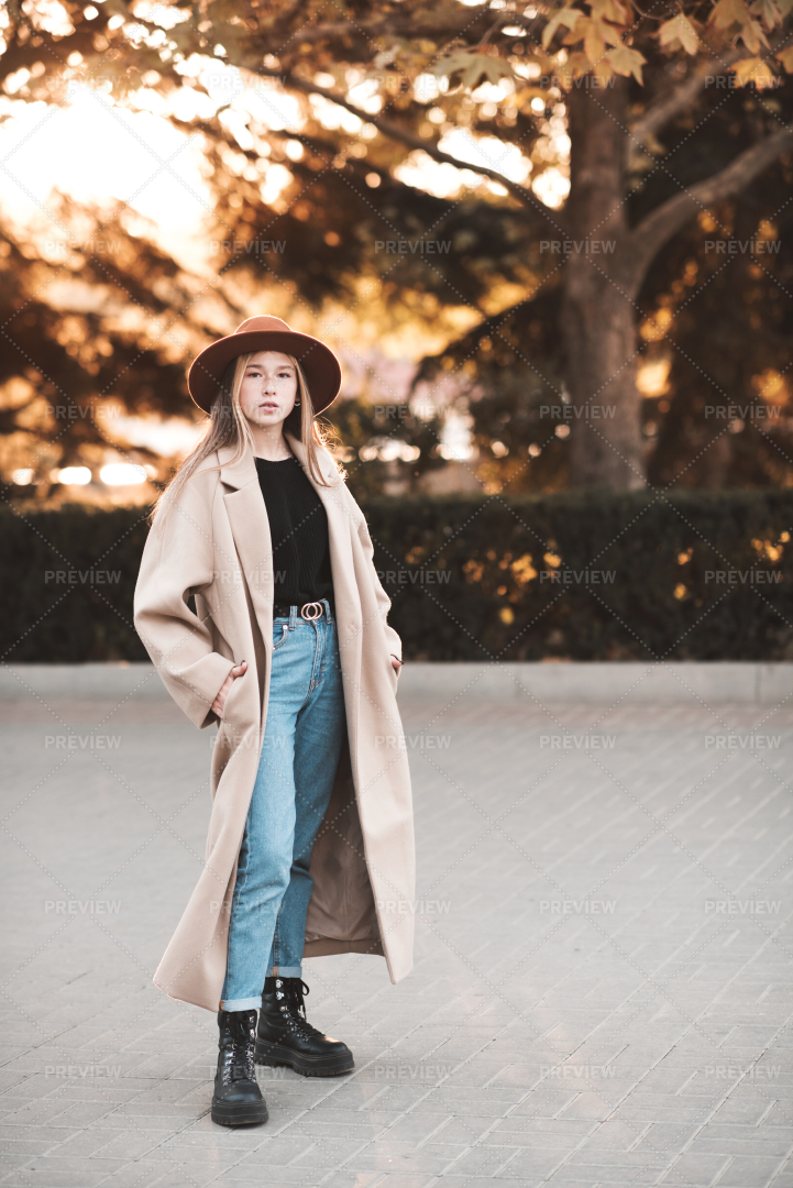 Teenage Girl Wear Hat And Coat Outdoor Stock Photos Motion Array