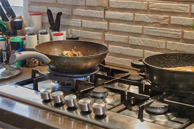 Big Pans For Cooking On The Stoves Stock Photo, Picture and