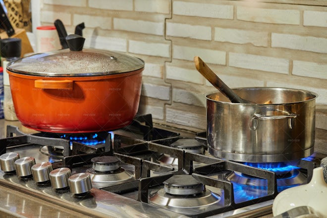 Big Pans For Cooking On The Stoves Stock Photo, Picture and