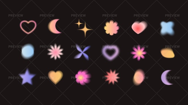 Stickers with a blurred Y2K effect. Modern abstract shapes, heart, circle,  star, butterfly, flower. Vector shapes with fluids of the 90s- 2000s. Stock  Vector