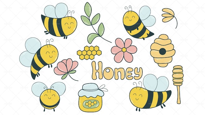 14 Cute Bee And Honey Illustrations - Graphics | Motion Array