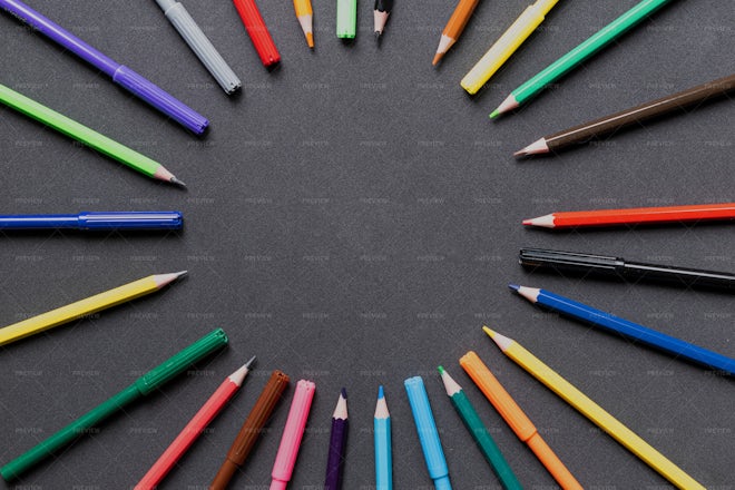 A Frame Of Colored Pencils And Markers - Stock Photos