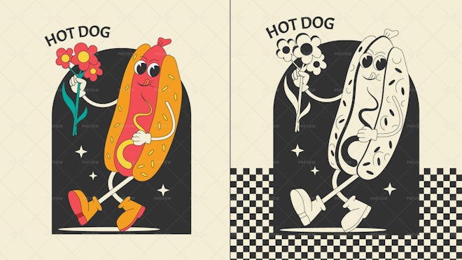 2 Retro Hot Dog Illustrations Graphics Motion Array