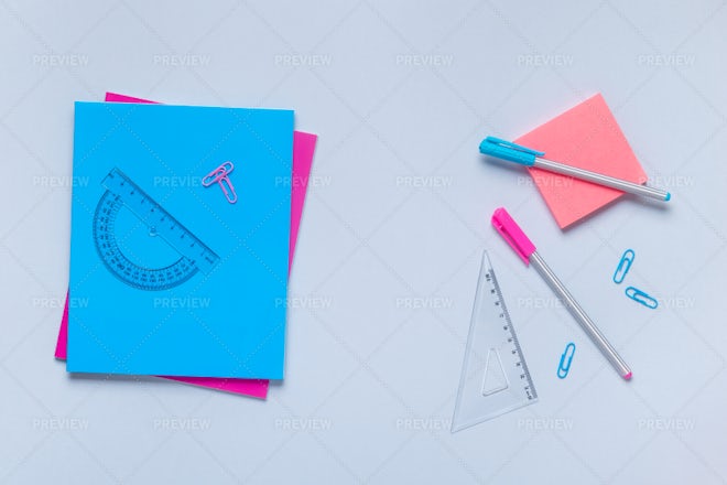 Blue Background And Pink School Supplies Back To School Flat Lay