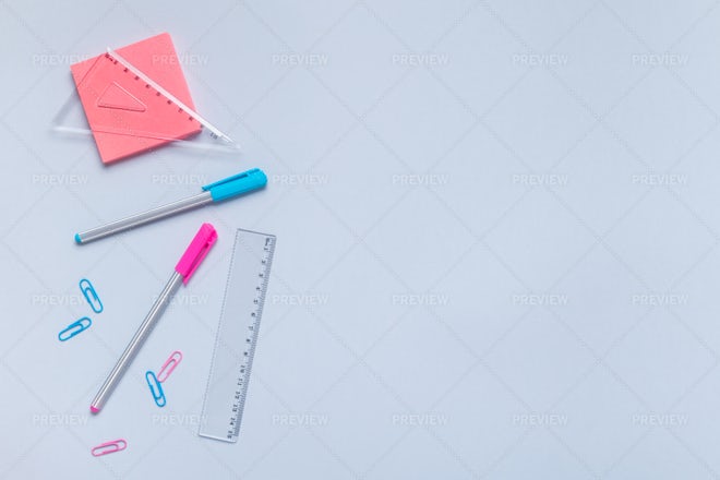 Blue Background And Pink School Supplies Back To School Flat Lay