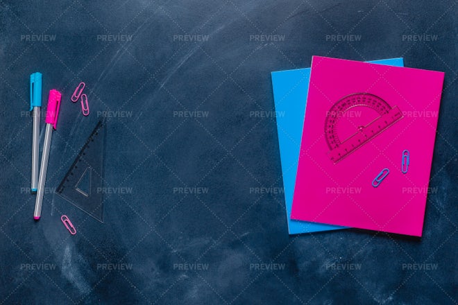 Blue Background And Pink School Supplies Back To School Flat Lay