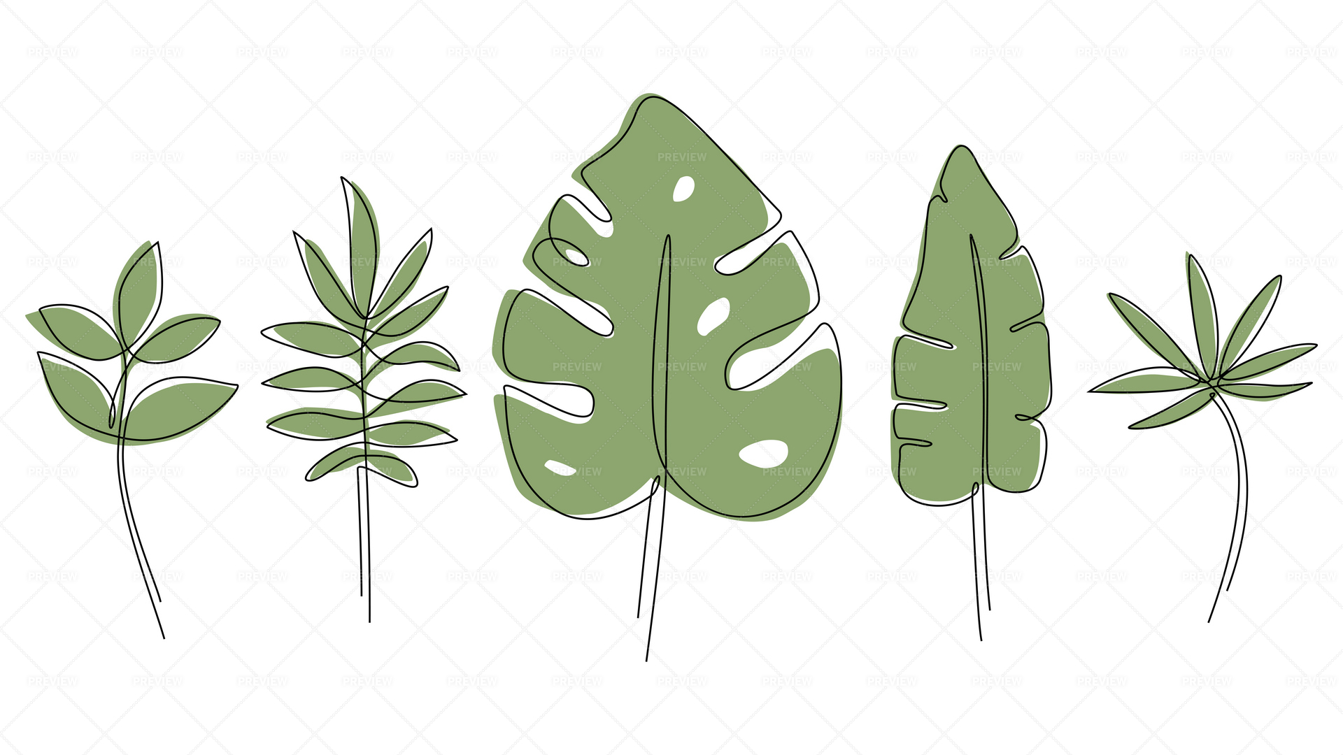 set line art tropical leaf and twig with leaves. Minimalistic line drawing.  leaf line art. Botanical drawing illustration by hand.