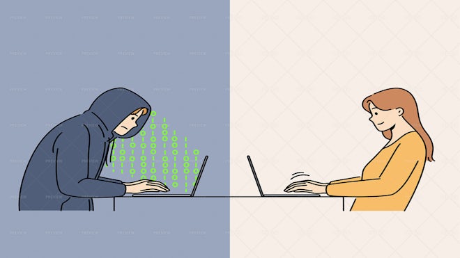 Woman Chats With Scammer Illustration - Graphics | Motion Array