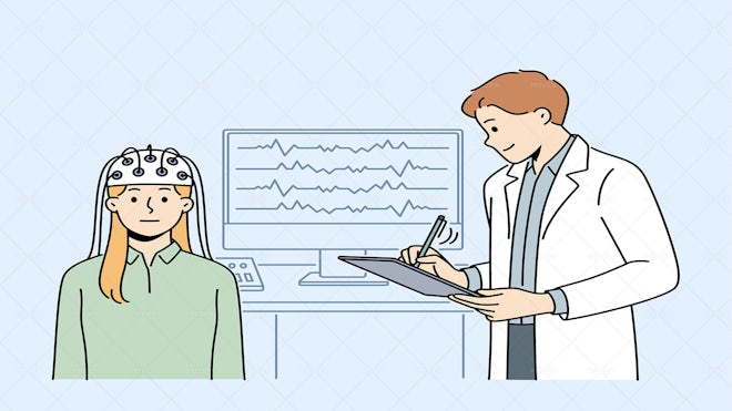 Woman In EEG Scan In Clinic Illustration - Graphics | Motion Array