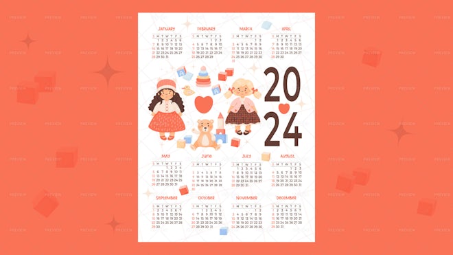 Kids annual calendar 2024 Cute Children toys, girl doll, plush toys in  cartoon style. Vector vertical template 12 months in English. Week starts  on Mo Stock Vector Image & Art - Alamy