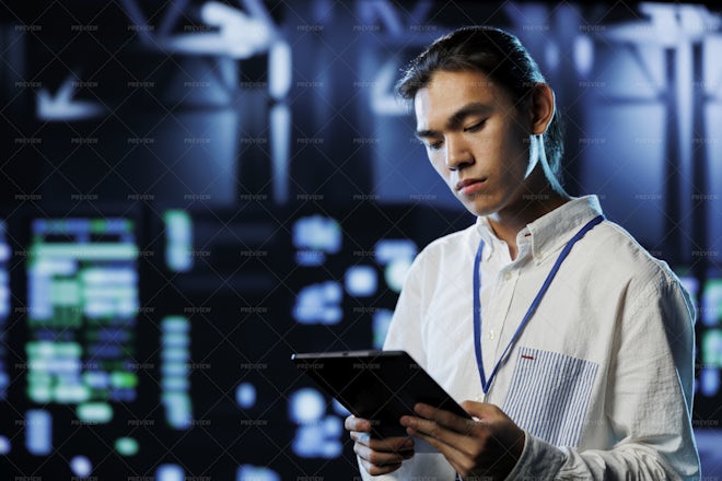 Programmer In Data Center With Tablet - Stock Photos | Motion Array