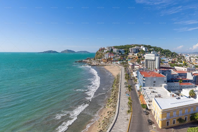 Mexico Panoramic Skyline Of Mazatlan Sea Promenade Malecon In Historic