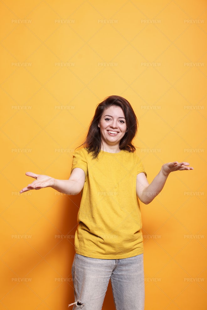 Woman Welcoming With Raised Arms - Stock Photos | Motion Array