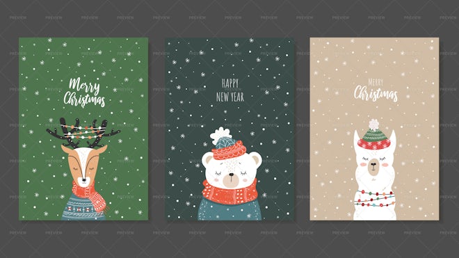 3 Christmas Cards With Animals - Graphics | Motion Array