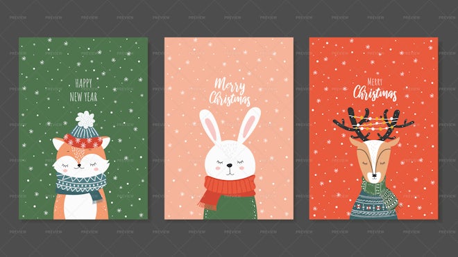 3 Christmas Animal Character Cards - Graphics | Motion Array