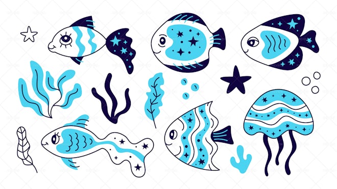 15 Blue Fish Characters Stickers - Graphics