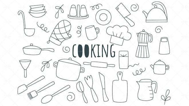 Drawing Kitchen Utensils, Doodle Kitchen Items