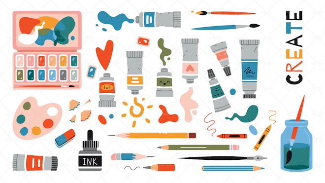 Artist Supplies clipart set, Artist's tools clipart set