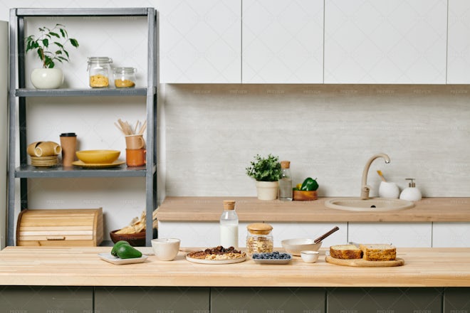 Kitchen With Shelf Full Of Kitchenware - Stock Photos | Motion Array