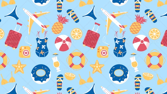 Summer Beach Sea Vacation Seamless Pattern, Vectors