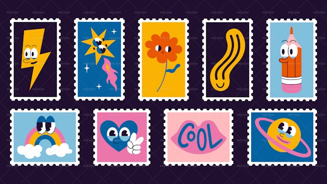 9 Groovy Post Stamps - Graphics | Motion Array