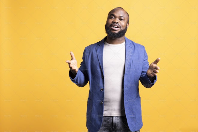 Portrait Of Lecturer Doing Monologue And Gesturing With Hands, Studio ...