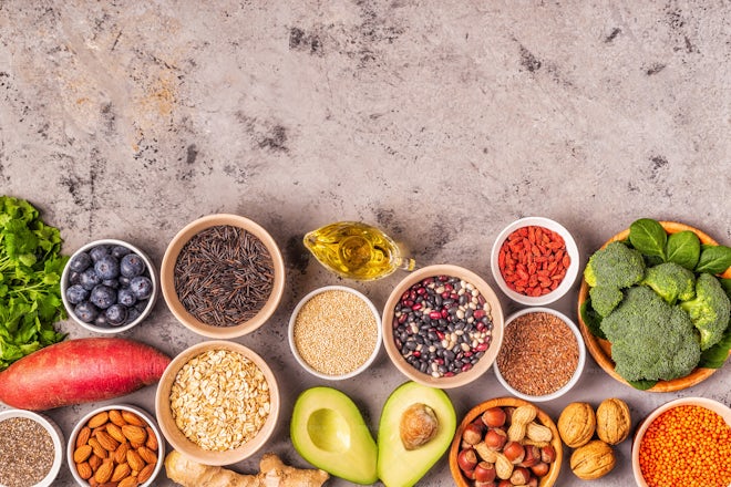 Superfoods On Gray Concrete Background. - Stock Photos | Motion Array