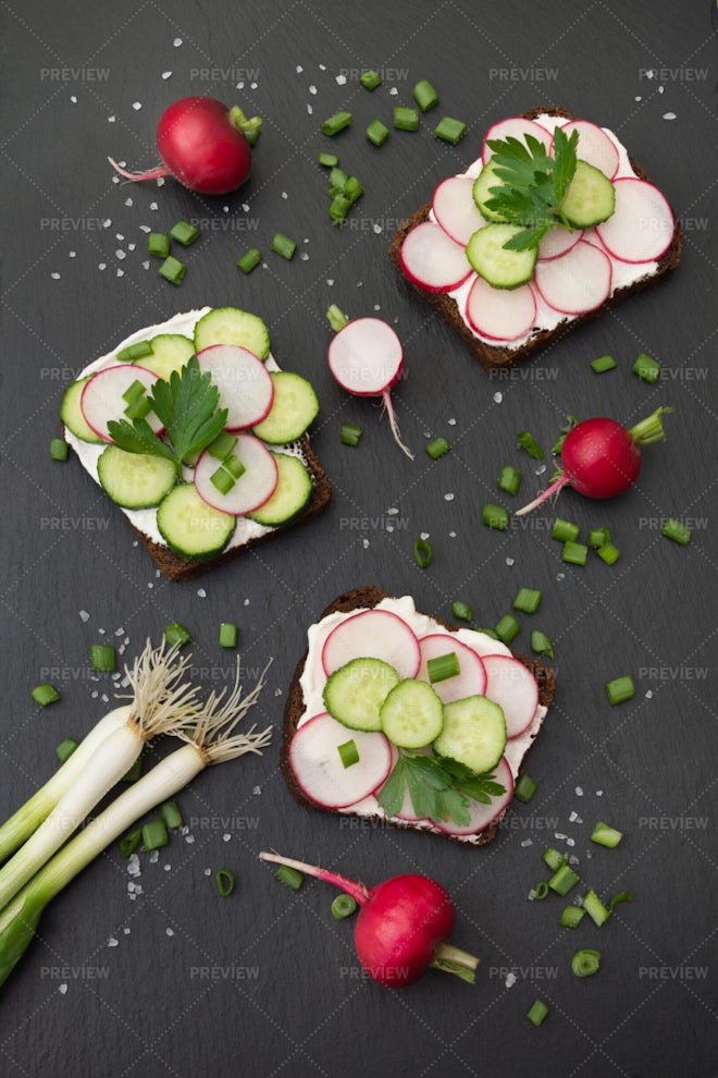 Sandwiches With Radish, Cucumber, Onion - Stock Photos | Motion Array