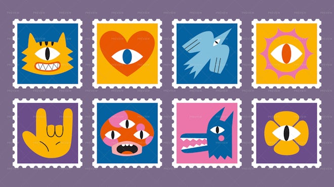 8 Cartoon Post Stamps - Graphics | Motion Array