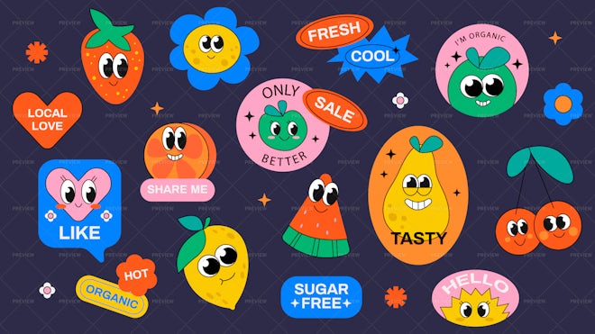 22 Fruit Retro Stickers - Graphics | Motion Array