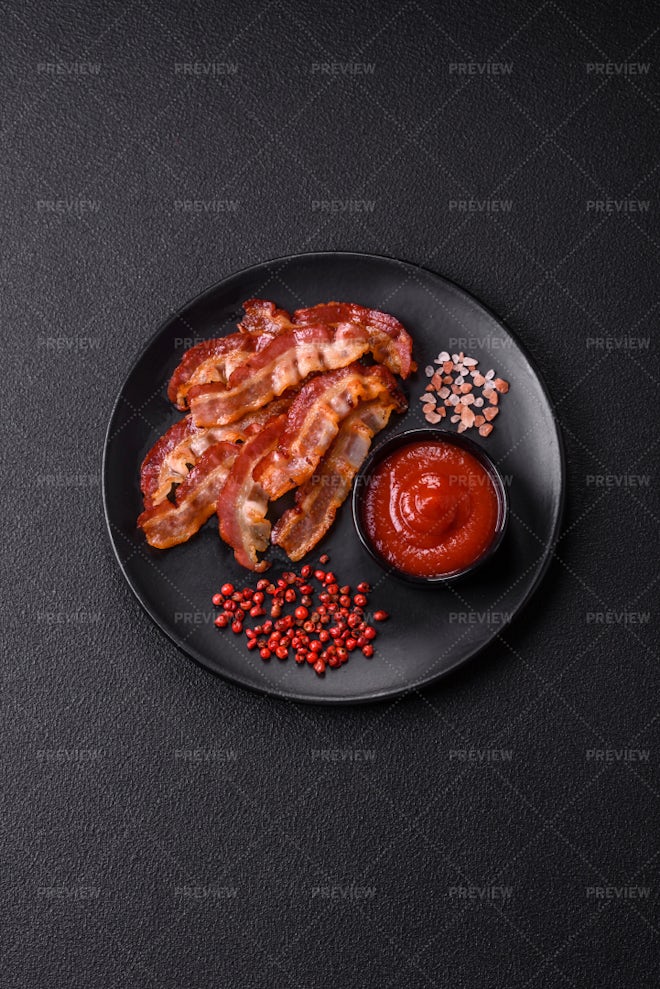 Delicious Fresh Fried Bacon With Salt An - Stock Photos | Motion Array