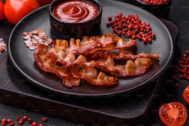 Delicious Fresh Fried Bacon With Salt An - Stock Photos | Motion Array