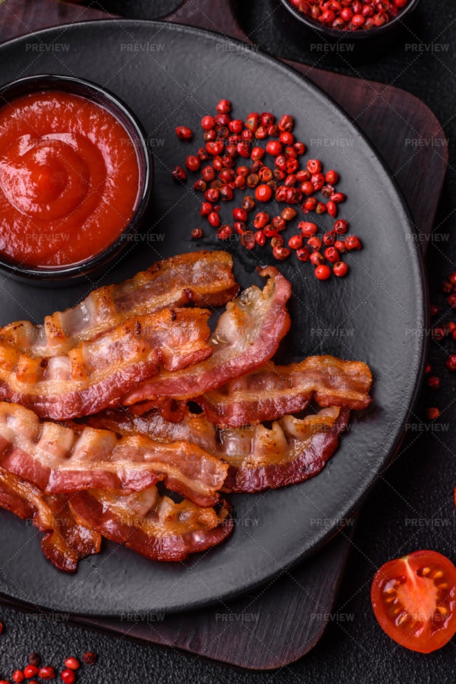 Delicious Fresh Fried Bacon With Salt An - Stock Photos | Motion Array