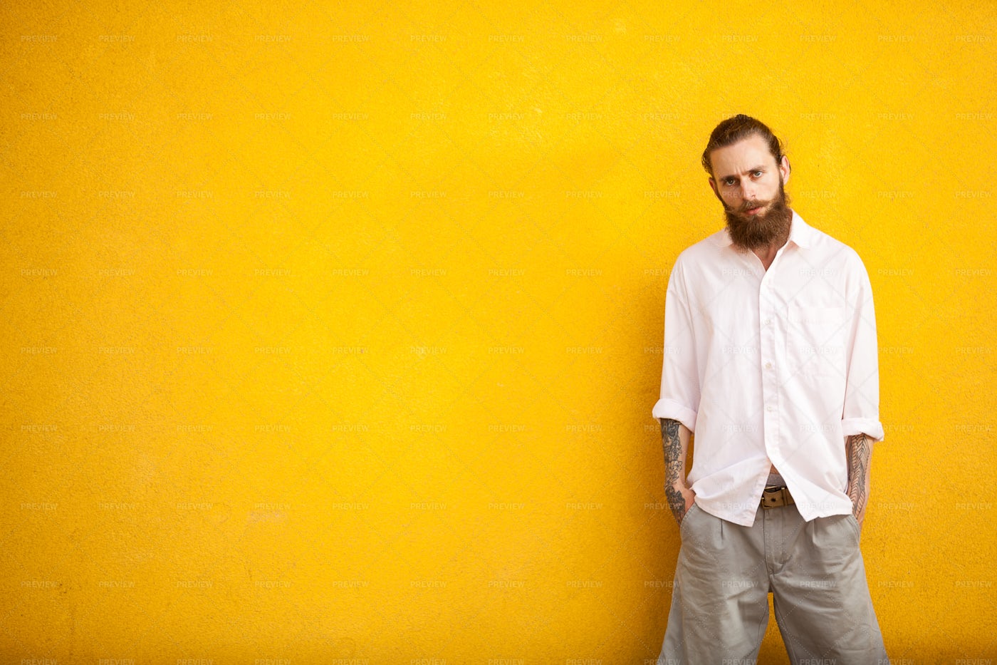 Male Hipster On Yellow Wall: Stock Photos
