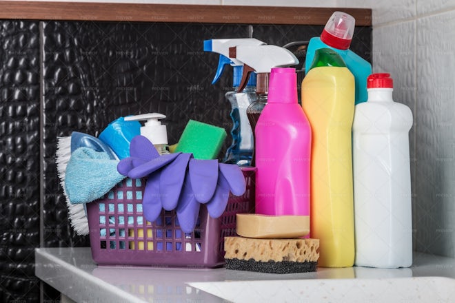 House cleaning products, copy space. Stock Photo by stockfilmstudio