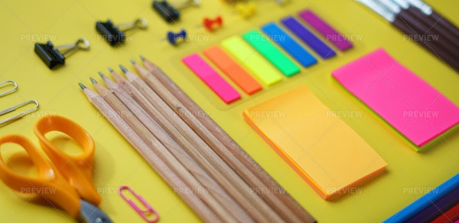 School Stationery On Yellow - Stock Photos