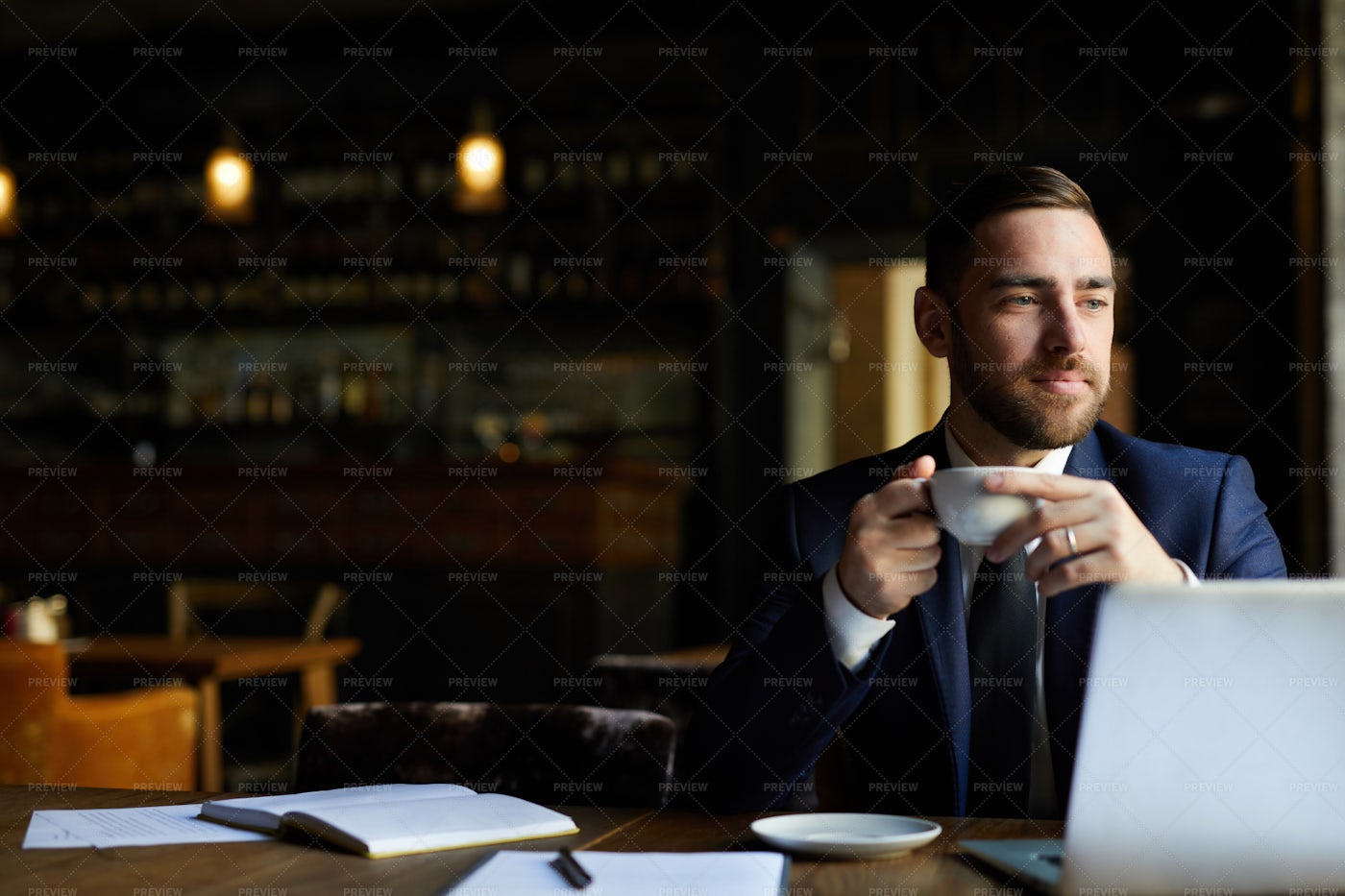 Dreamy Businessman Enjoying Coffee Break: Stock Photos