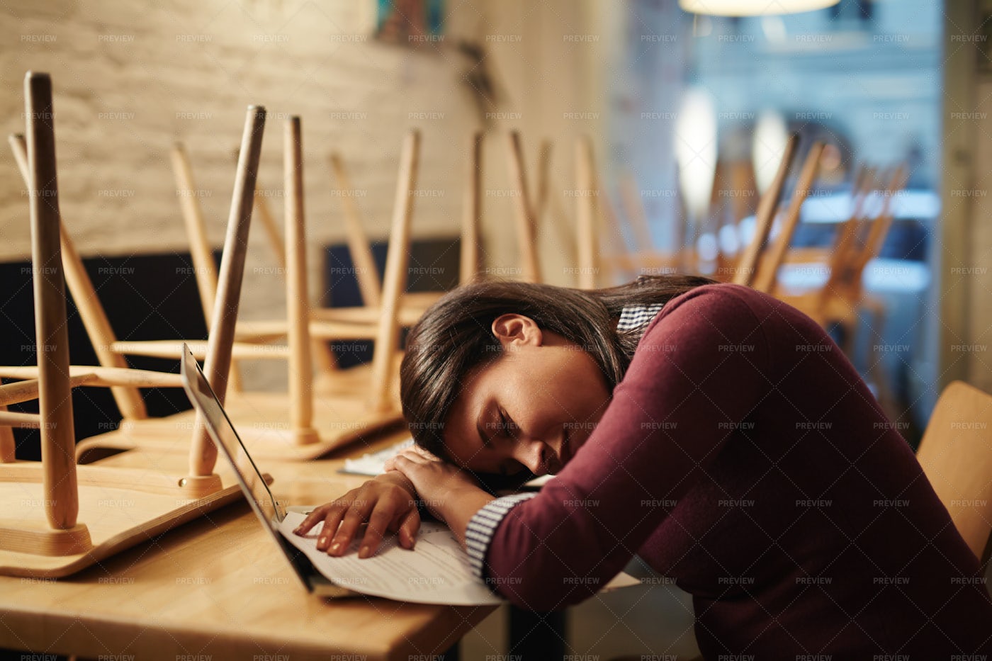 Asleep Woman In Closed Pub: Stock Photos