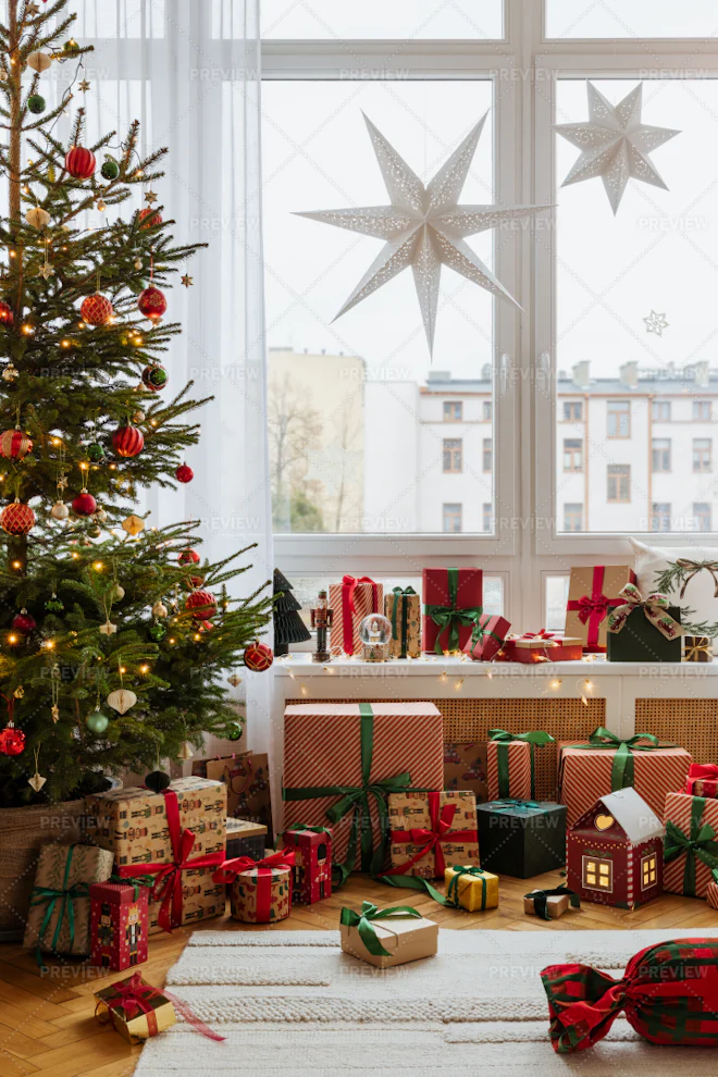 Christmas Cozy Living Room With A Christmas Tree - Stock Photos ...