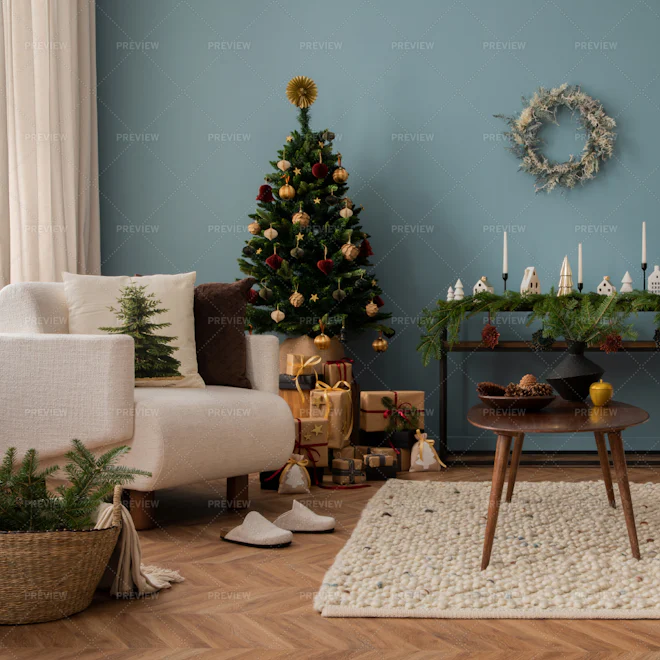 Christmas Cozy Living Room With A Christmas Tree - Stock Photos ...