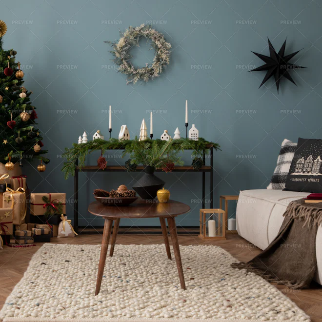 Christmas Cozy Living Room With A Christmas Tree - Stock Photos ...