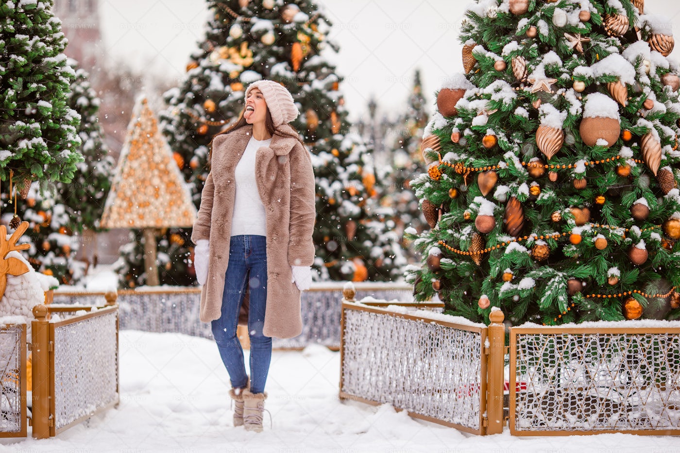 Catching Snowflakes On Tongue: Stock Photos