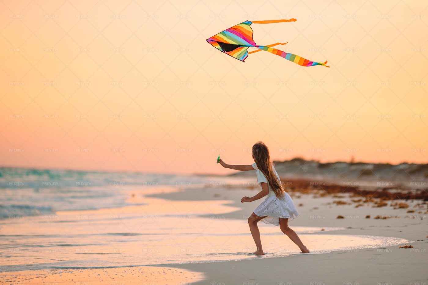 Flying Rainbow Kite On Beach: Stock Photos