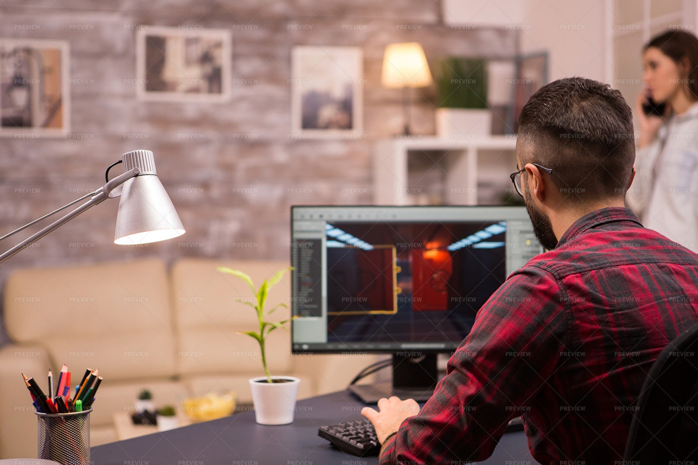 Playing PC Game At Home: Stock Photos