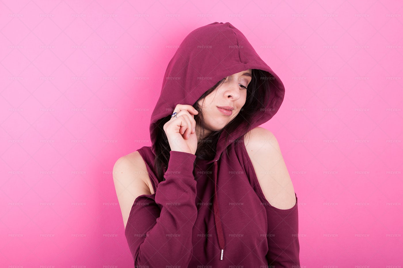 Confident Woman With Pink Hoodie: Stock Photos