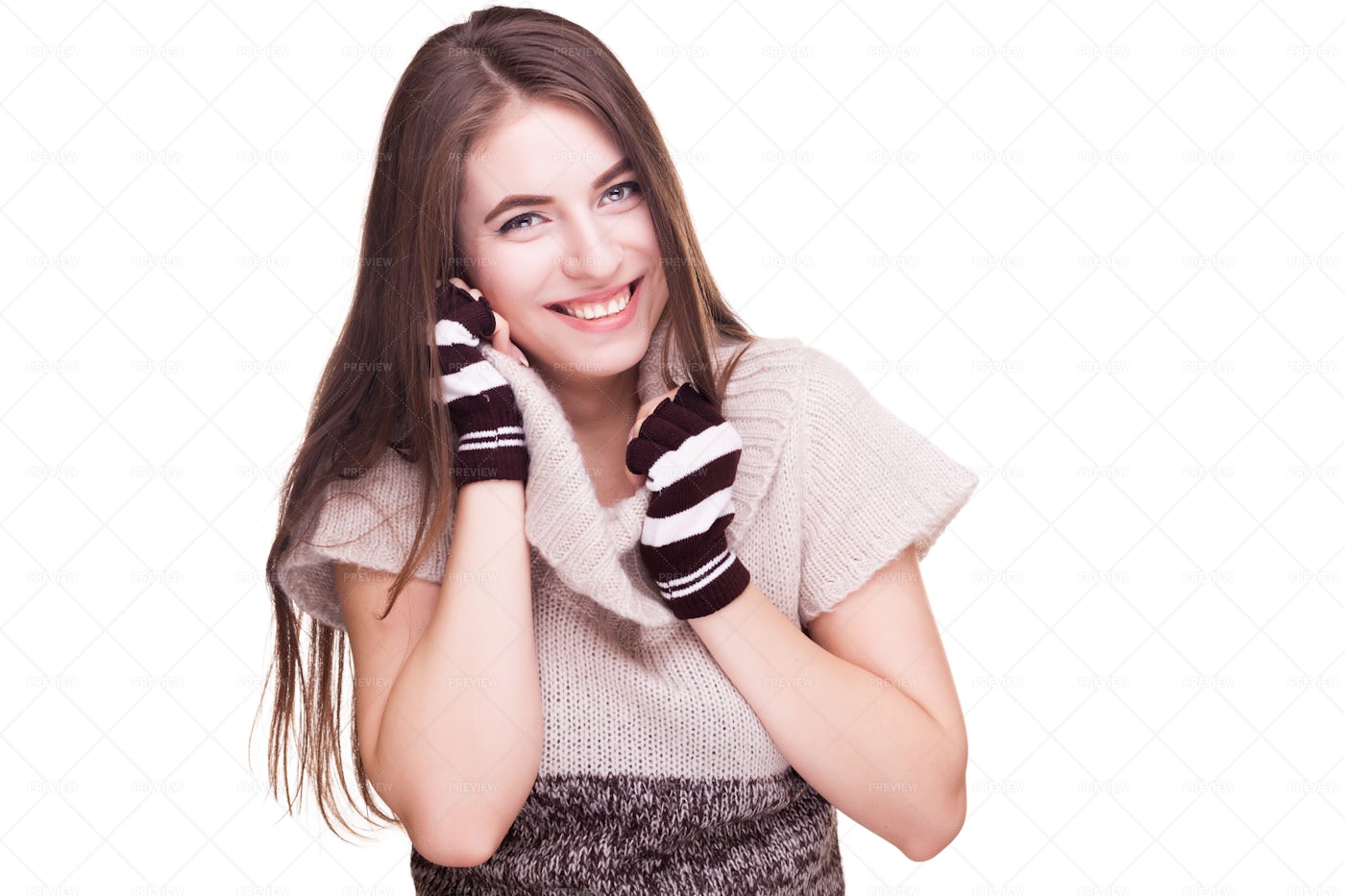 Cold Girl In Fingerless Gloves: Stock Photos