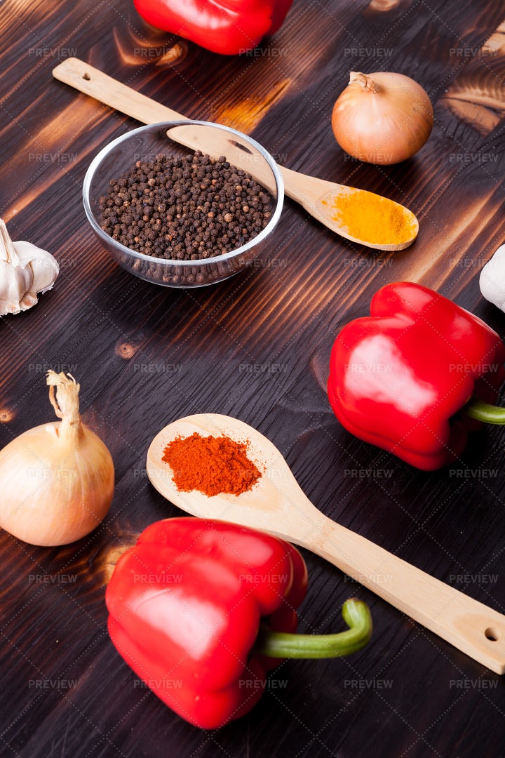 Black Pepper, Spices And Vegetables: Stock Photos