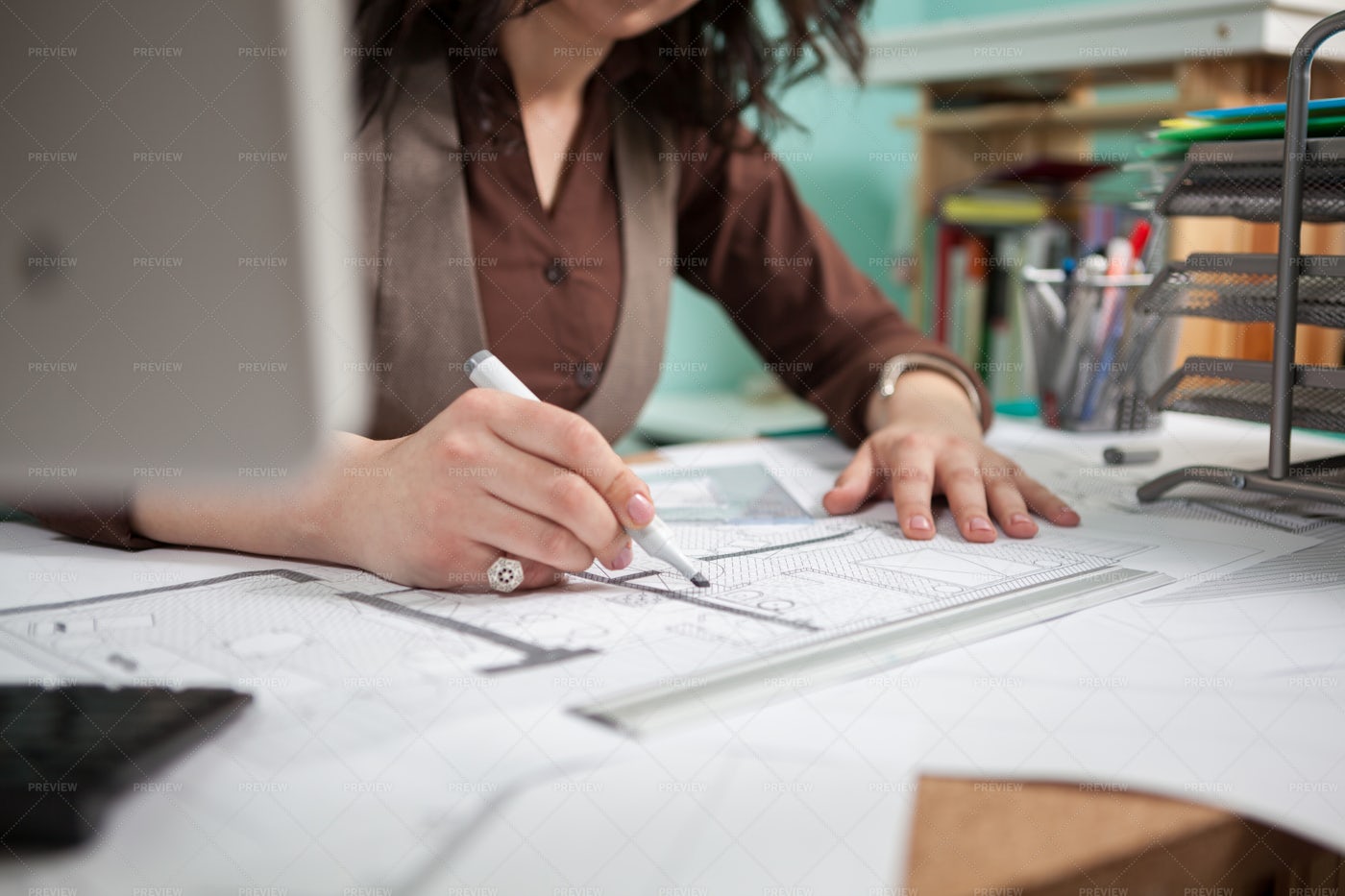 Architect Revises Blueprints: Stock Photos