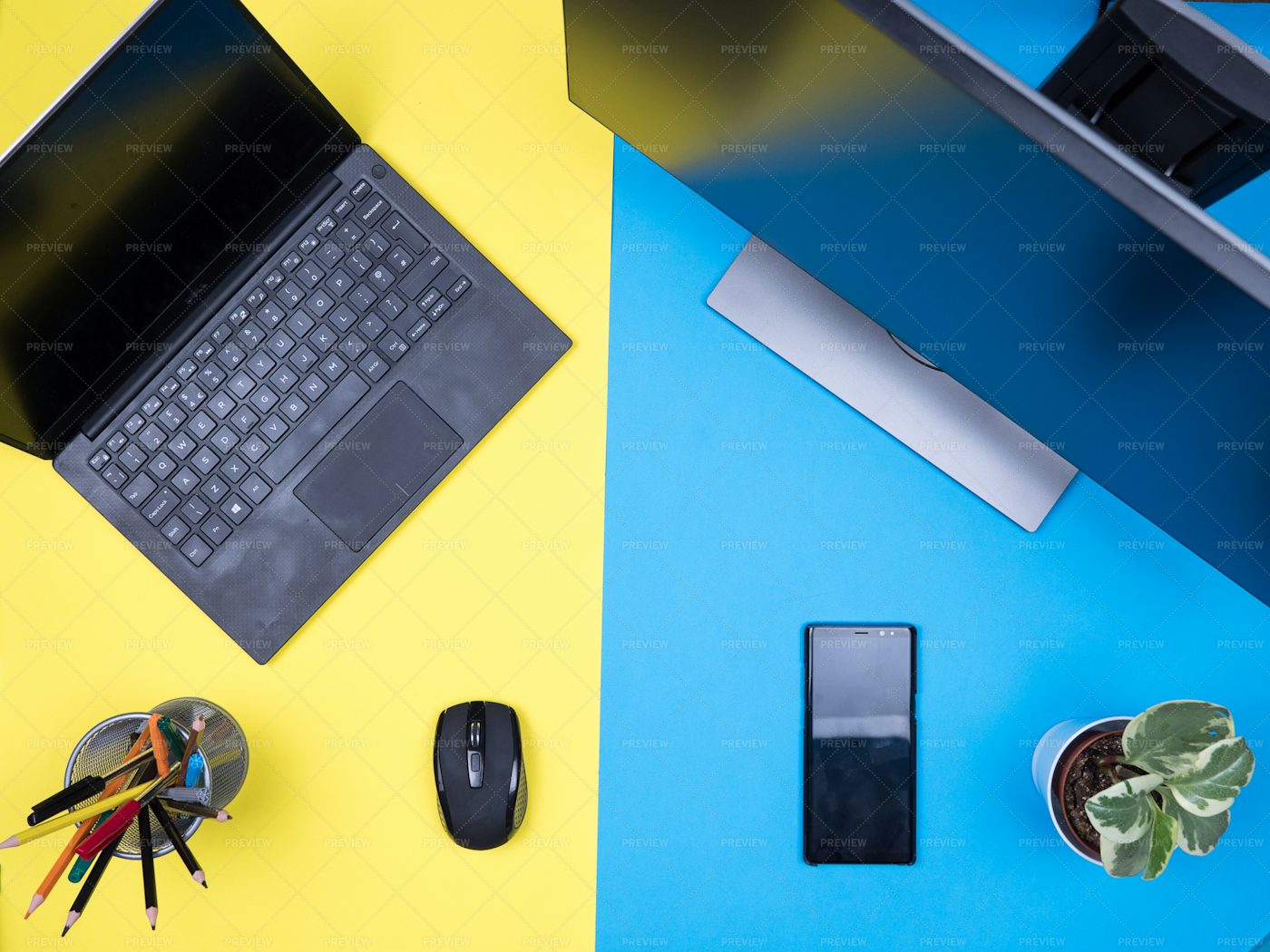 Flat Lay Top View Of Workspace: Stock Photos